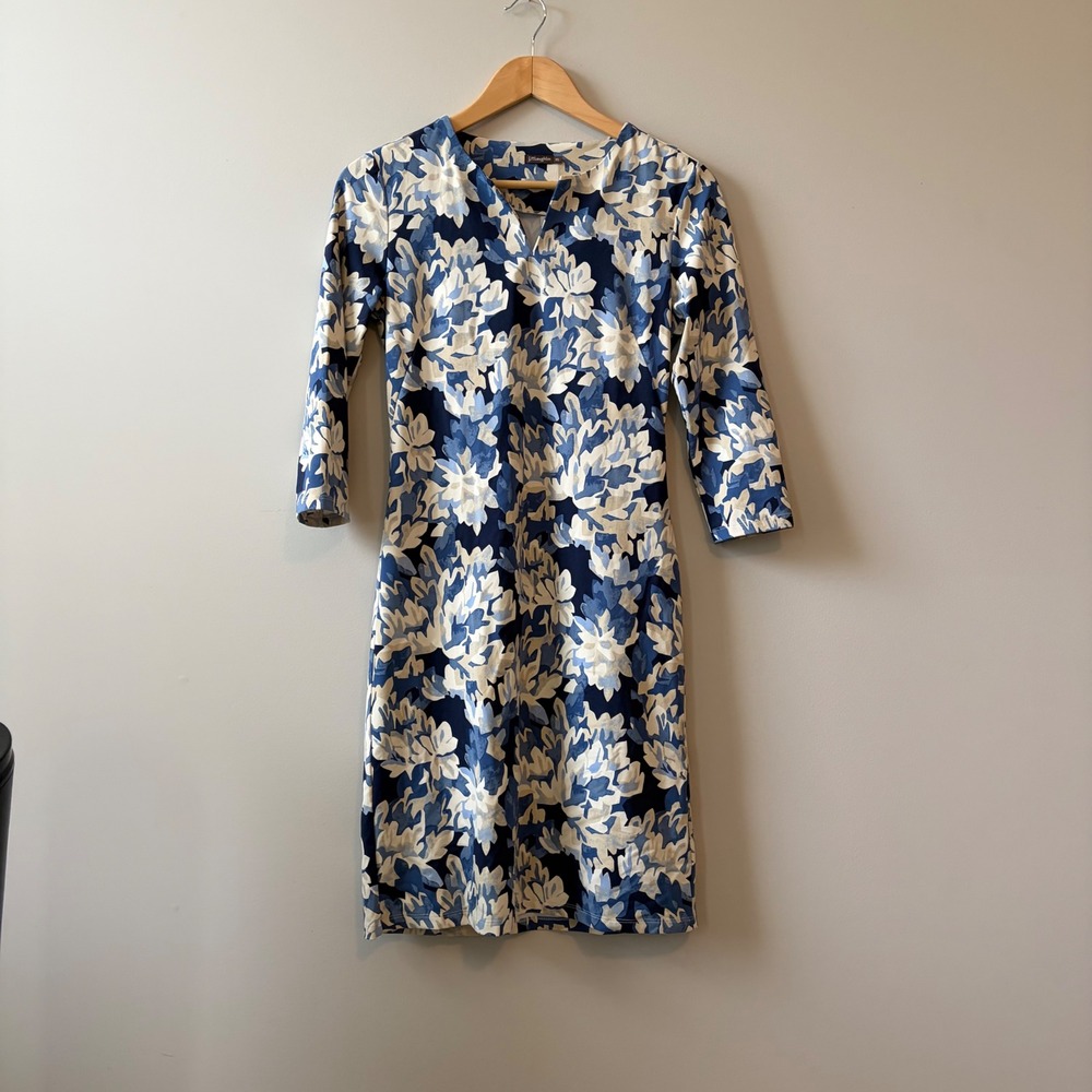 J.McLaughlin Carly Dress XS Navy Blue Barrens Floral Catalina Cloth 3/4 Sleeve